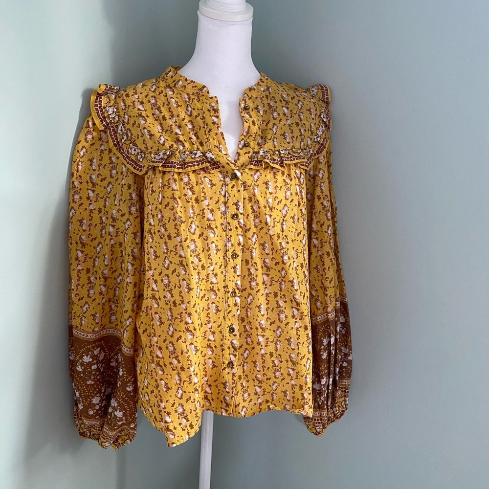 NEW Joie Yellow Puff Shoulder Ruffle Yoke Button-Down Cotton Blouse